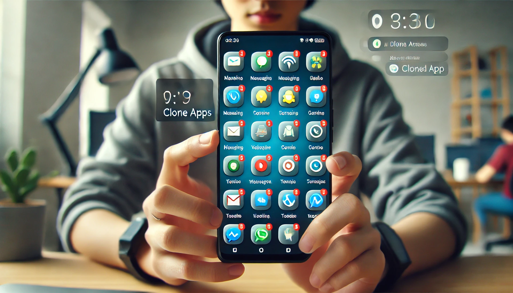 クローンアプリを使って複数アカウントを同時運用しているAndroidスマートフォンの画面を操作する日本人男性