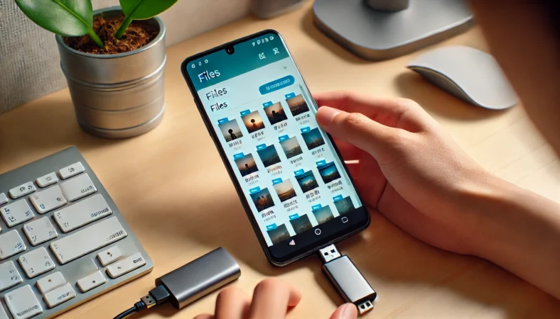 日本人がAndroidスマートフォンにUSBメモリやポータブルSSDを接続し、DCIMやPicturesフォルダの写真を外部ストレージへバックアップしている様子。自宅のデスク環境。