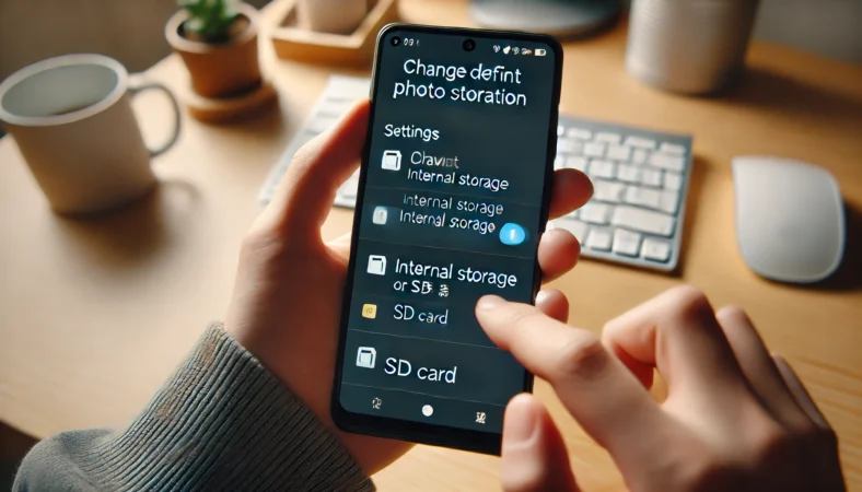 日本人ユーザーがAndroidスマートフォンの設定画面で写真の保存先を内部ストレージかSDカードかに変更しようとしている場面。整った室内で集中して設定を確認している様子。