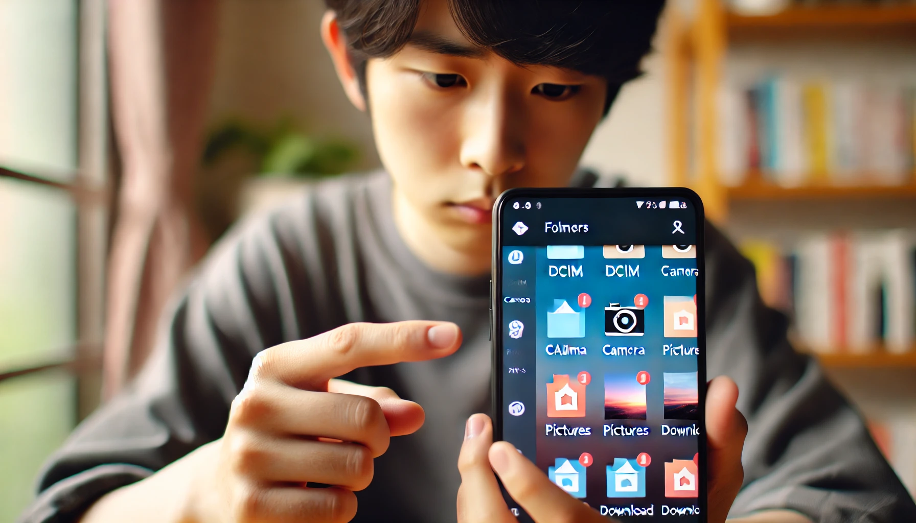 日本人がAndroidスマートフォンのファイルマネージャーを操作し、DCIMやPicturesなどの写真保存フォルダを探している様子。自然光の差す自宅で、画面にフォルダ構成が表示されている。