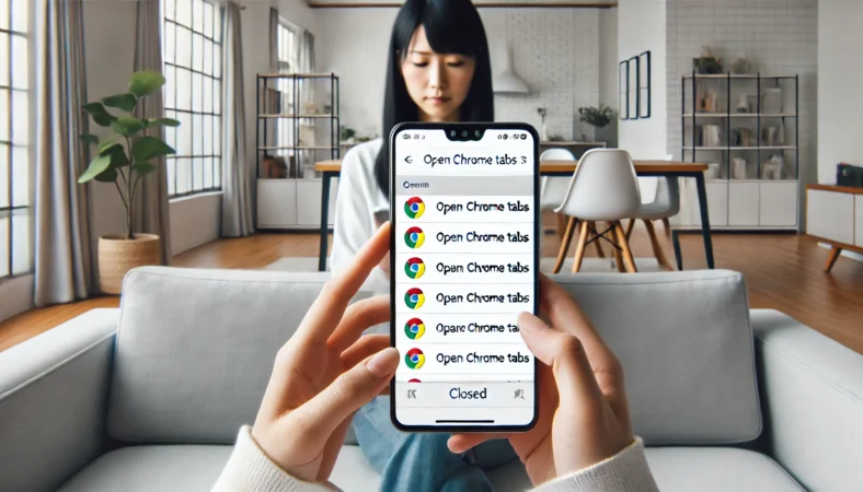 日本人ユーザーが明るいリビングでAndroidスマートフォンのChromeタブを整理している様子。タブを減らして動作を軽くする対策シーンを表現。