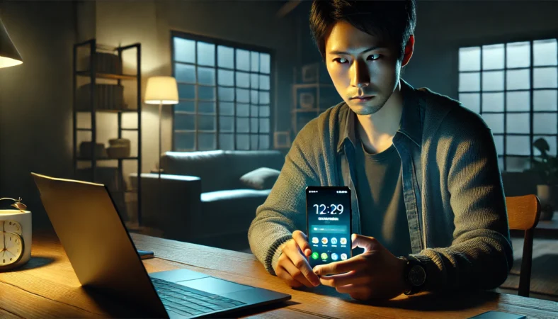 夜の室内でスマートフォンを見つめ不安げな表情を浮かべる日本人男性とノートパソコンのあるデスク風景