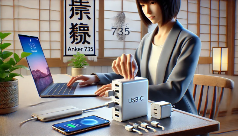 日本人ユーザーがスマートフォンとノートPCのそばに高品質な65W USB-C充電器を置き、日常使用に向けて準備しているシーン。充電器は複数ポート付きでコンパクト、清潔で安全なデスク環境が表現されている。