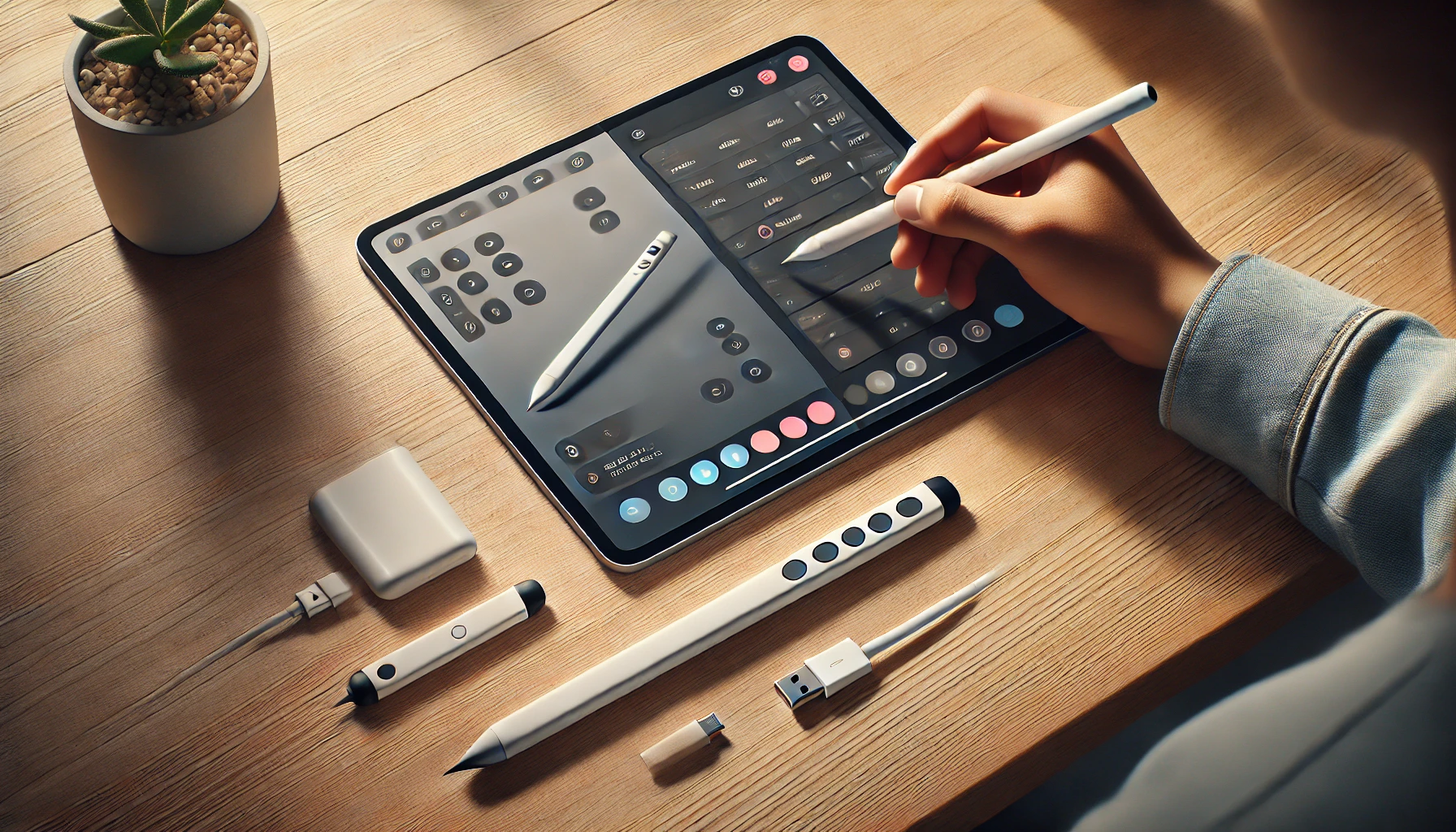 Apple Pencil ProとApple Pencil（USB-C）の比較を示す、iPadと並べられた2本のデジタルスタイラス。机の上で日本人の手がそれぞれのペンを操作しており、Proには追加機能が可視化されている。