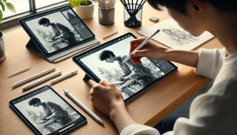 Apple Pencil Proを使用してイラストを描いている日本人デジタルアーティストと、隣に置かれたUSB-Cモデルとの使用シーン比較。明るい作業空間での集中した制作の様子を表現。