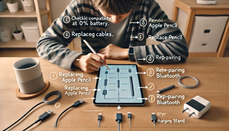 Apple Pencilが0%のまま充電できない問題に対処するため、互換性確認やケーブル交換、Bluetooth再ペアリングなどを丁寧に実行している日本人ユーザーのデスク周りの様子。