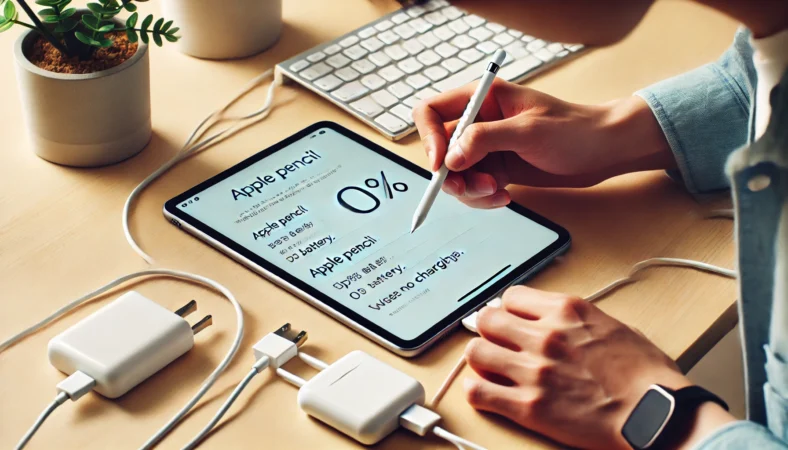 Apple Pencilの充電が始まらず、iPad画面にも反応がない状態で、接続ケーブルやアダプタを交換しながら問題解決を試みる日本人ユーザーのクローズアップシーン。