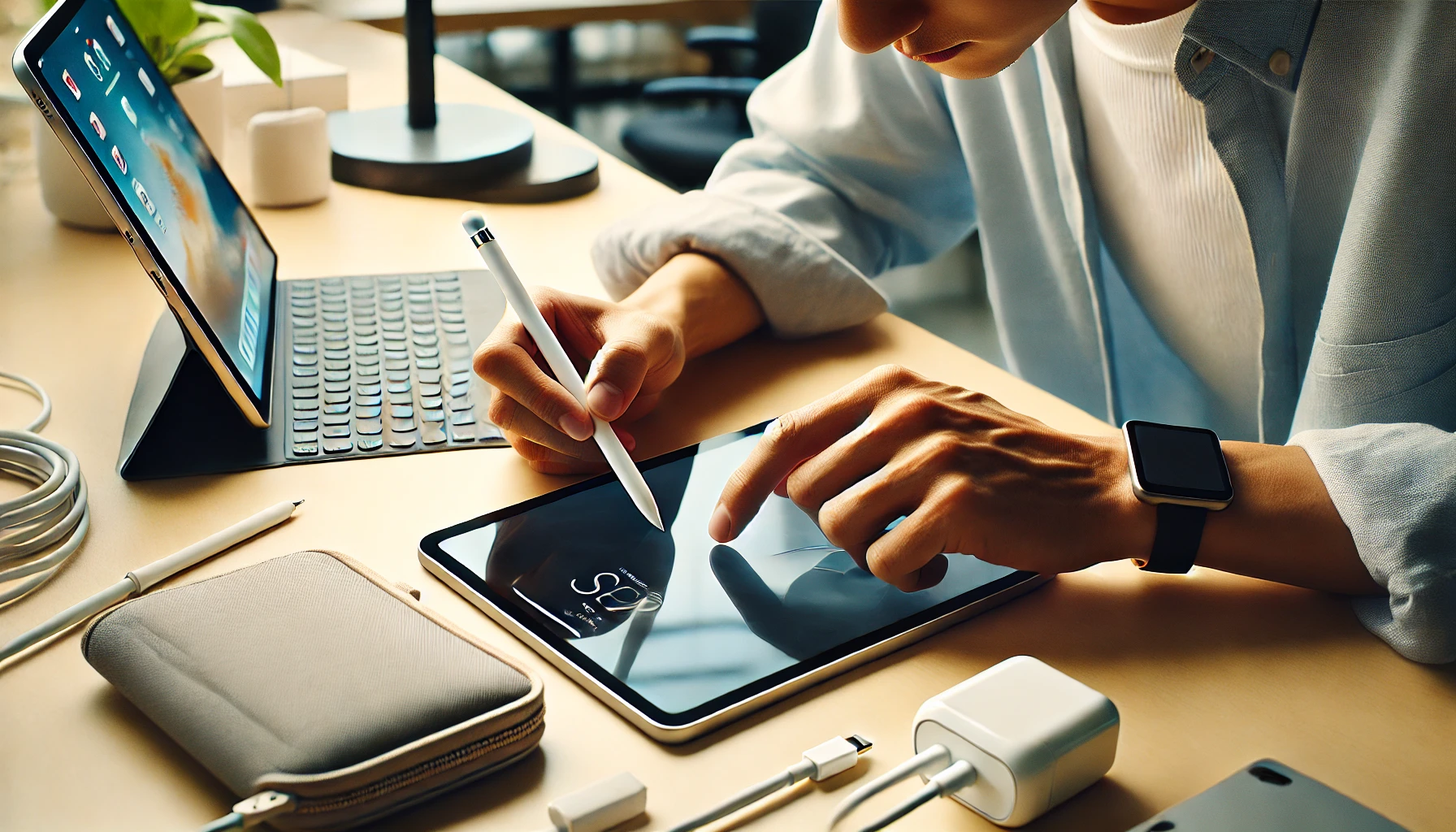 Apple Pencilの充電トラブルに対応するため、iPadのケースを外して側面の充電ポイントを確認している日本人ユーザーの様子。デスク上にはUSB-Cケーブルや充電アダプタが整然と配置され、充電経路の切り分けを試みているシーン。