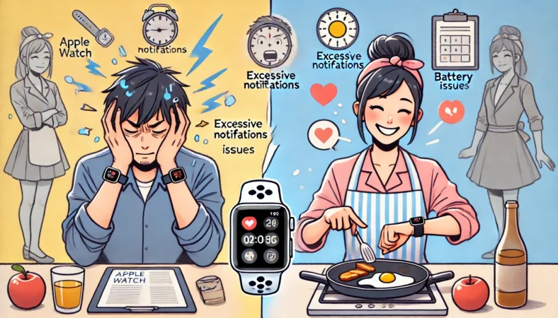 Apple Watchが必要な人と不要な人の違いを比較したシーン。左側では通知と充電に悩まされる日本人男性、右側では料理中にスマートにタイマーを活用する日本人女性が描かれている。ライフスタイルによる使い分けの重要性を示している。