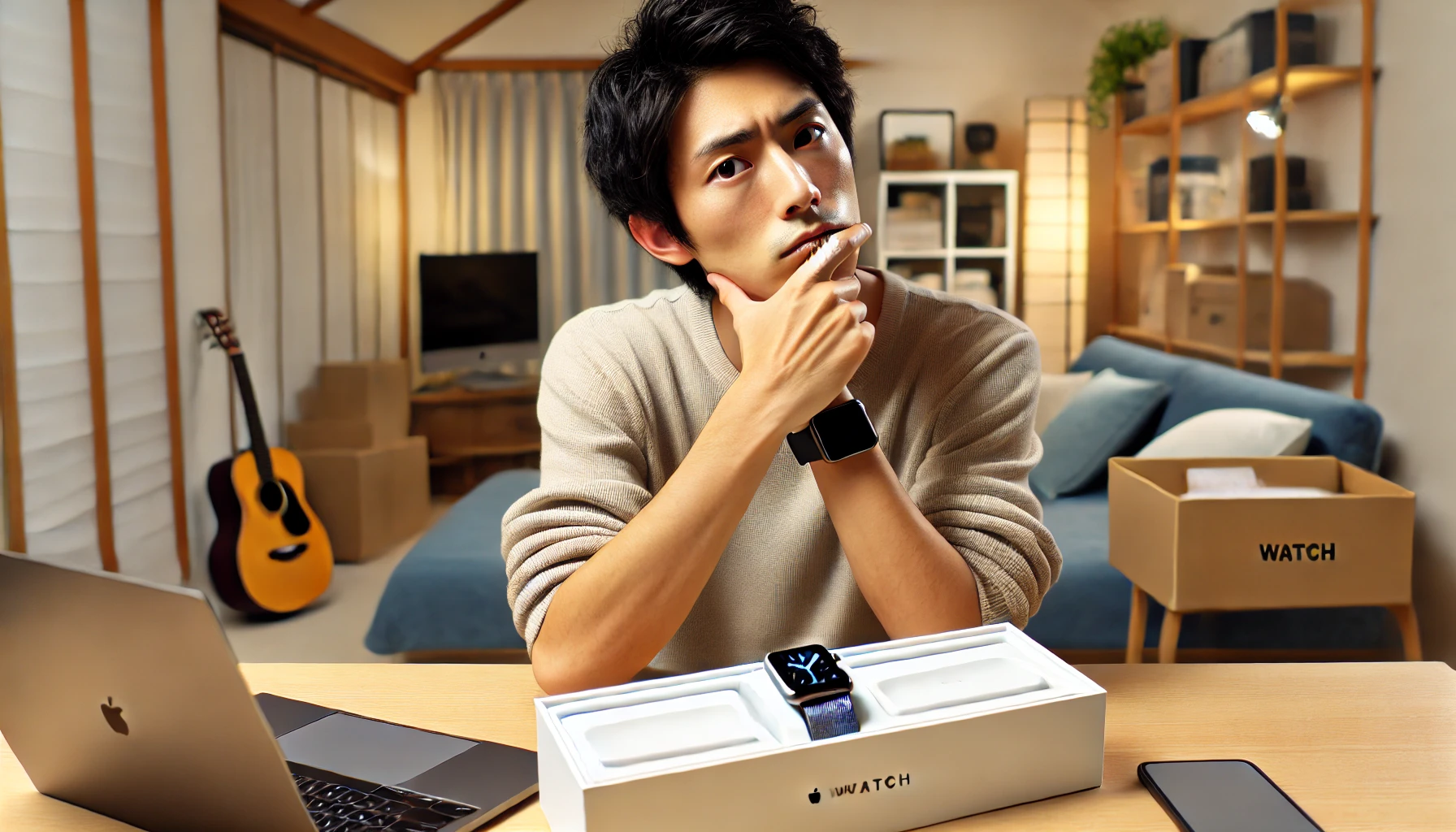 Apple Watchを前に悩む日本人男性が、購入するか迷っている様子をデスクで表現した場面。現代的な日本の部屋で、表情には明確な迷いが浮かぶ。