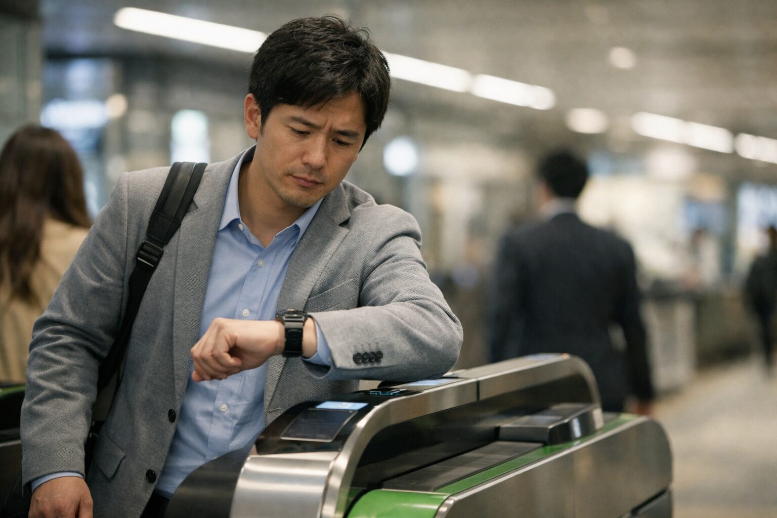 改札でスマートウォッチのタッチ決済が反応せず立ち止まる日本人利用者の様子
