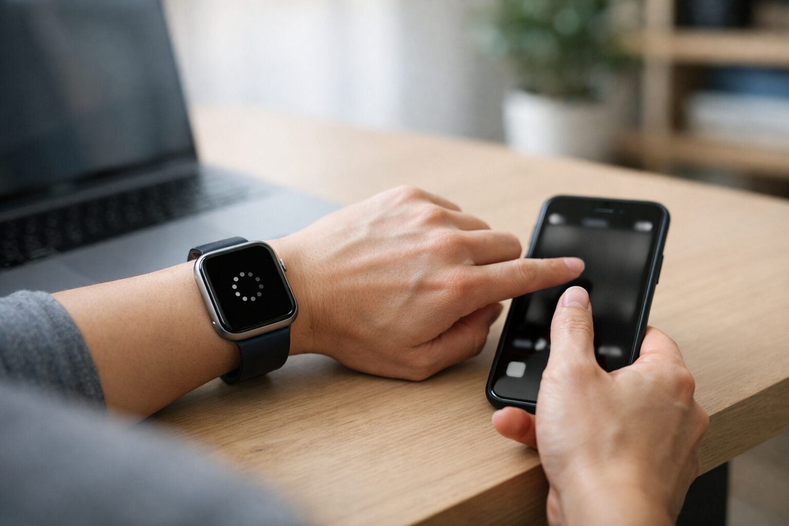 Apple Watchのカメラリモートが黒画面になり、iPhoneのカメラアプリ再起動や通信の入れ直しで早期復旧を試す日本人の手元