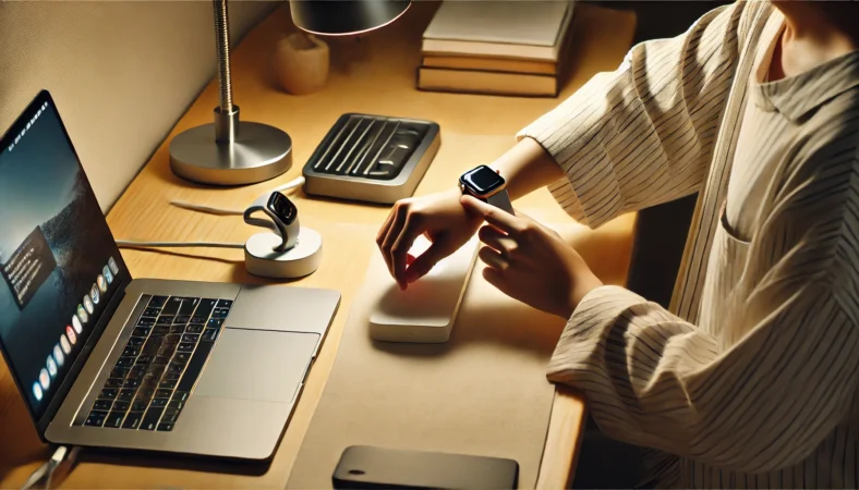 自宅のデスクでApple Watchを磁気充電スタンドにセットする日本人。整頓された作業環境で、USB-Cドックを使った安定した充電スタイルが見える。