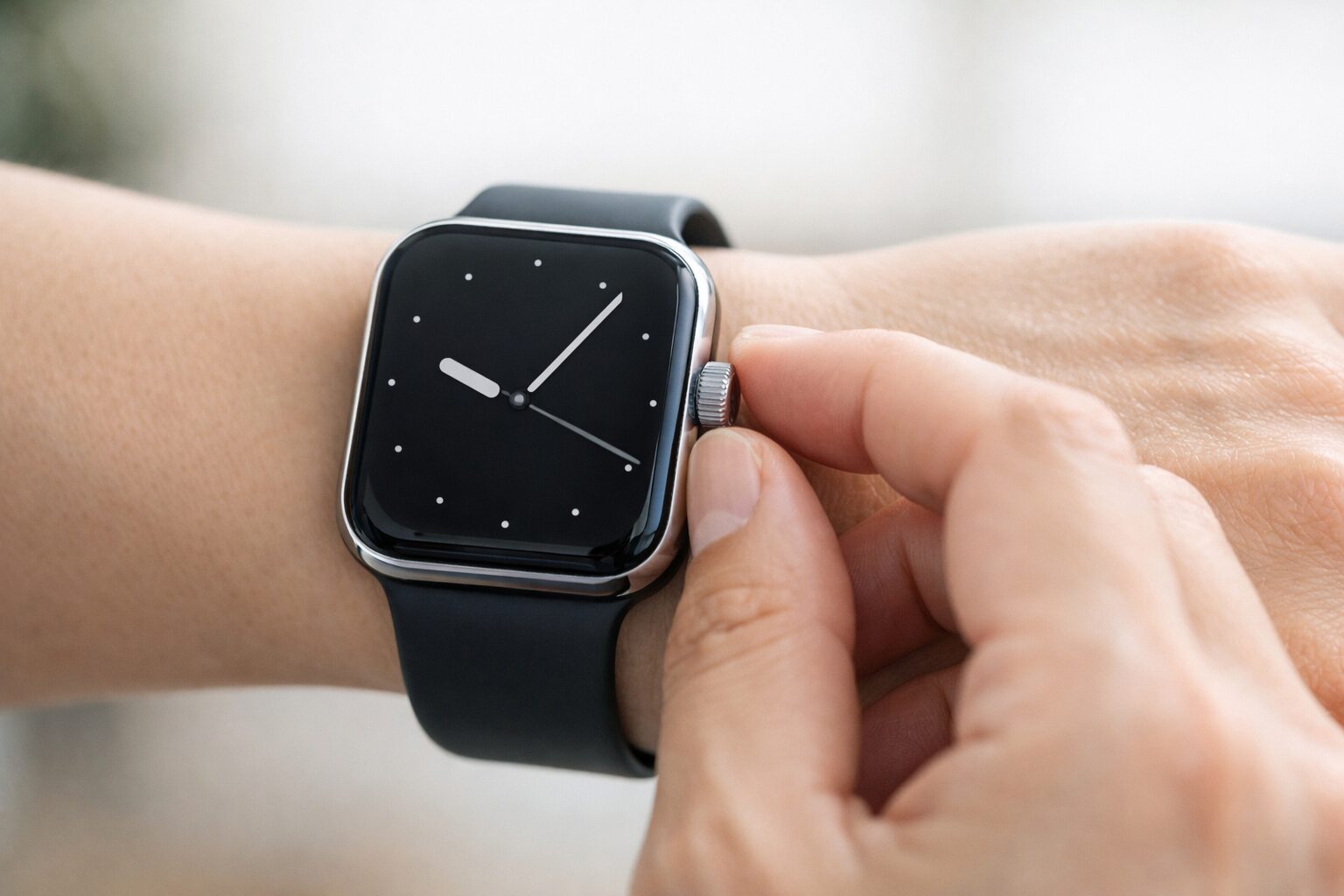 スマートスタックを使い分けるイメージのスマートウォッチ装着手元