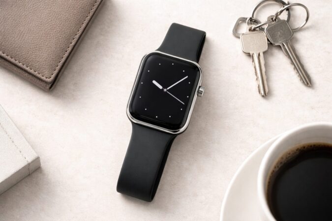 文字盤を最小構成で整えるミニマルなスマートウォッチとデスク周りのイメージ