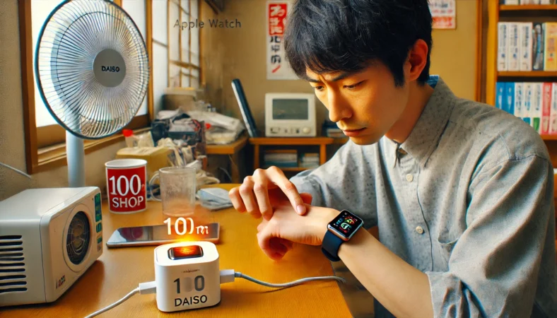 ダイソー製のマグネット式充電器でApple Watchを充電中、日本人が発熱をチェックするために手で触れている様子。室内は通気が確保されている。