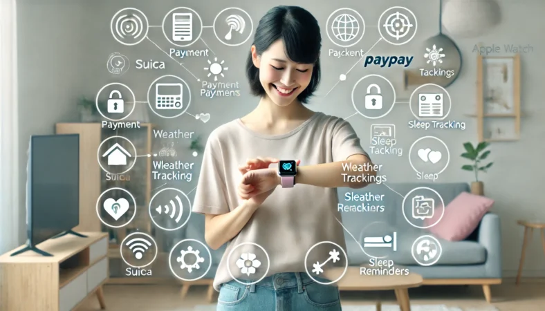 Apple Watchを使いこなす20代の日本人が、決済・天気・タスク管理などの便利アプリを表示させている様子。明るく洗練された日常空間で、スマートに生活をこなしている様子を表現。Apple Watchの便利さと効率性を視覚化。