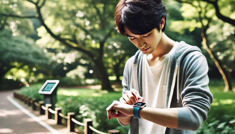 日本人男性が自然の中でApple Watchの健康アプリを確認している様子。睡眠や運動の統計を見ながら、日々の健康管理を意識する穏やかな風景と、ウェアラブル技術の実用性を強調。