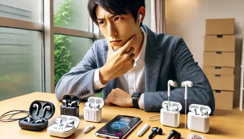 複数のBluetoothイヤホンとiPhoneを机に並べ、音量設定について考え込んでいる日本人。テクノロジーに詳しそうな整理された室内。