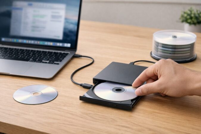 Macで外付けドライブを直挿ししてCD-Rに書き込み（CDを焼く）準備をしている安定したデスク環境のイメージ