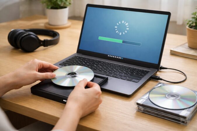 外付けCDドライブを使ってWindowsでCD取り込みを継続する手順を連想できるデスク上の実写風イメージ