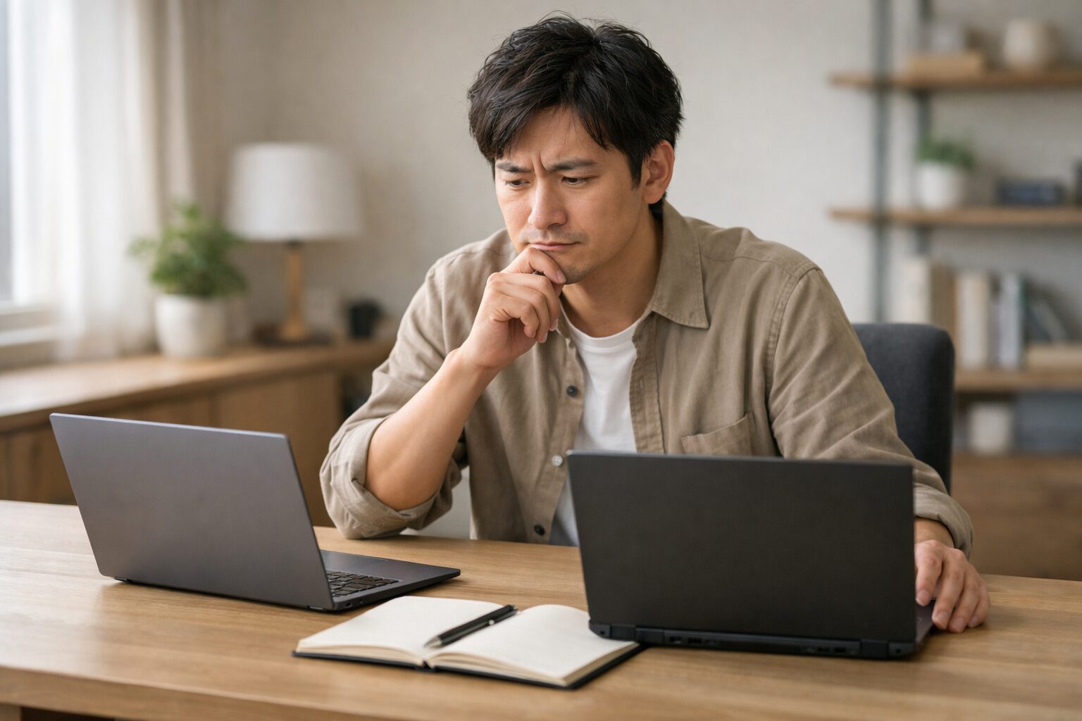 Chromebookが向かない人の特徴を検討する日本人ユーザーが机上でノートPCを比較して悩む様子.