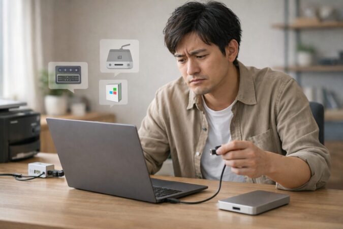 周辺機器や互換性の制約をイメージさせる机上で日本人がノートPC接続に戸惑う場面