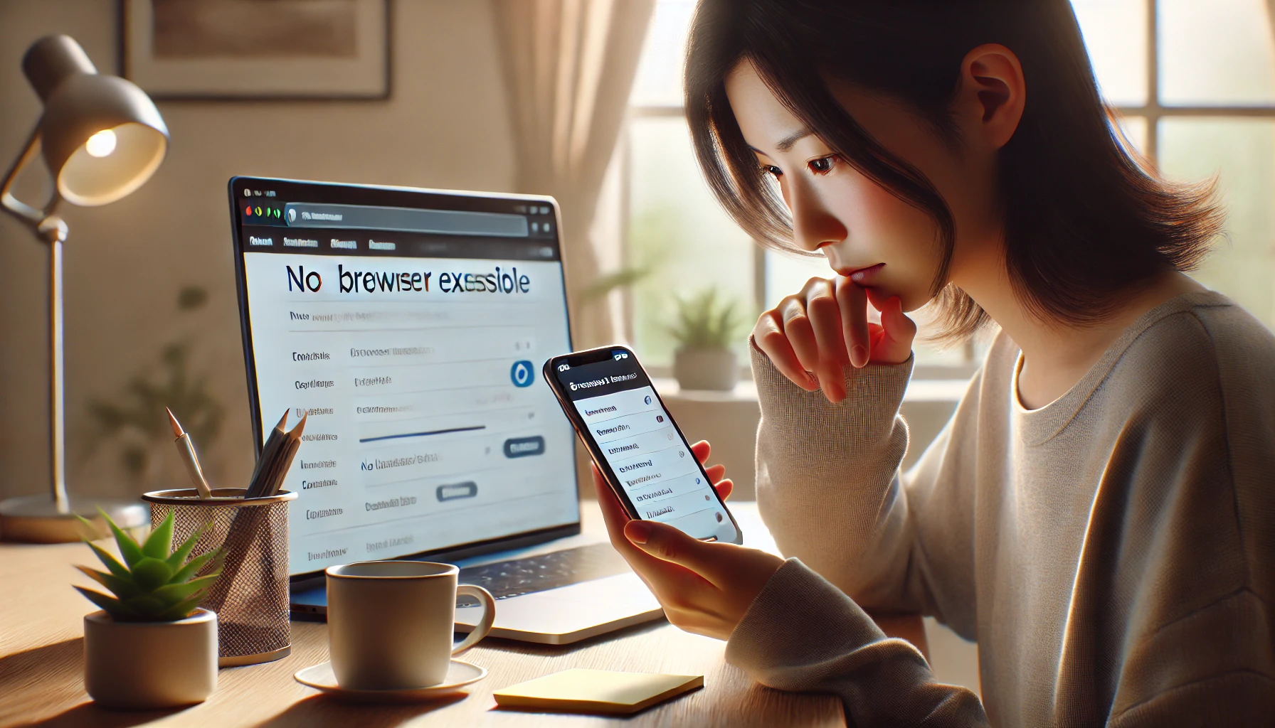 スマホでChrome拡張を入れようとして迷う日本人ユーザーと作業机のイメージ