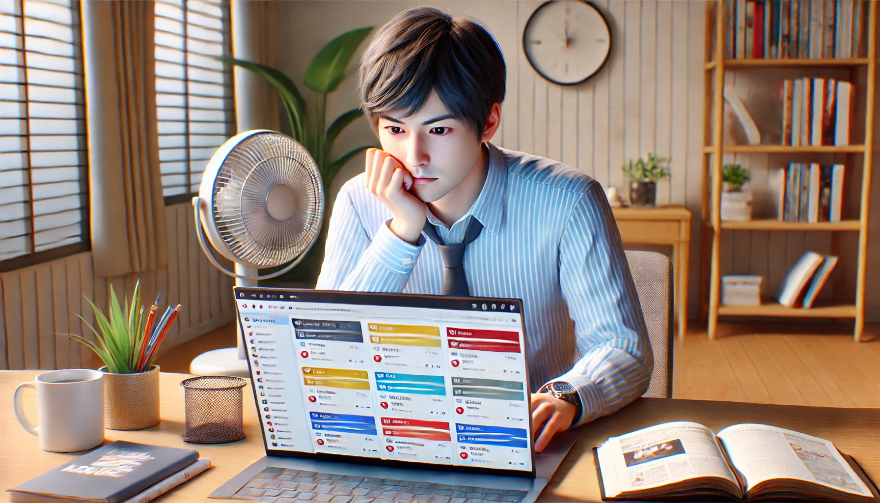 多数のタブを開いたノートPCを前に悩む日本人男性の様子。Chromeのメモリ使いすぎでPCが重い状況をイメージしたビジュアル。