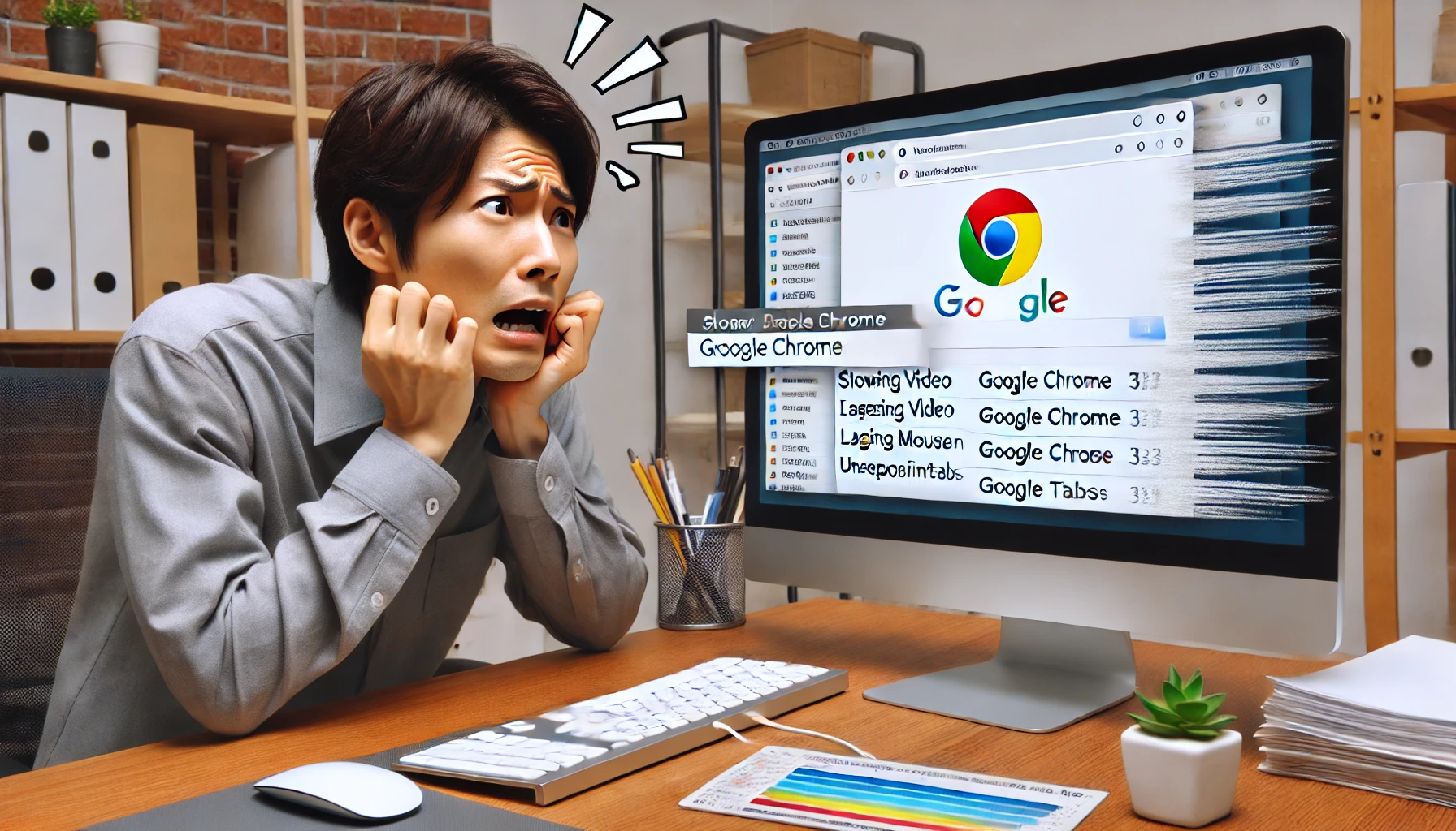 日本人のオフィスワーカーがChromeの動作不良にストレスを感じている様子。遅延や固まるタブに悩まされるPC作業のイメージ。