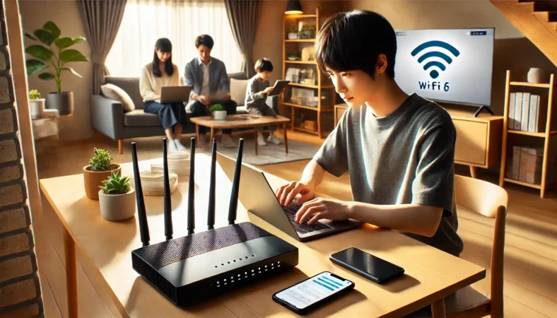 日本人ユーザーがノートパソコンを使いながら、最新のWi-Fi 6ルーターを設置した家庭内で複数のデバイスを同時接続している様子。Chromeの読み込みや会議が改善されるシーンを表現。
