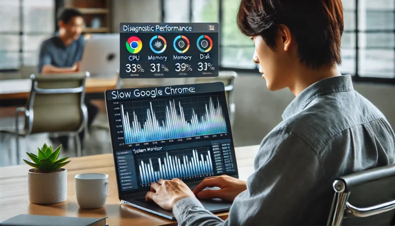 日本人のIT担当者がPCのパフォーマンスモニターを見ながらChromeの動作遅延の原因を分析している様子。CPUやメモリ使用量が画面に表示されている。