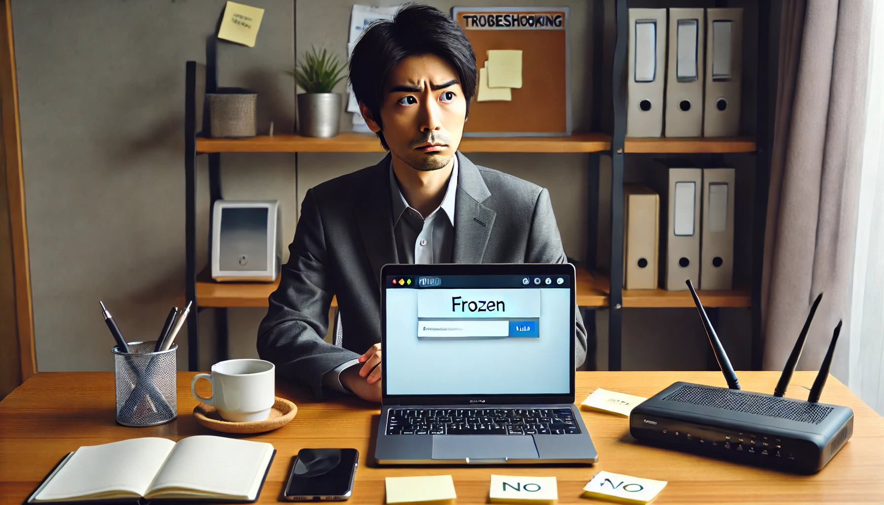 Chromeが起動しない状況で原因切り分けを始める日本人の作業風景（PCとルーター）