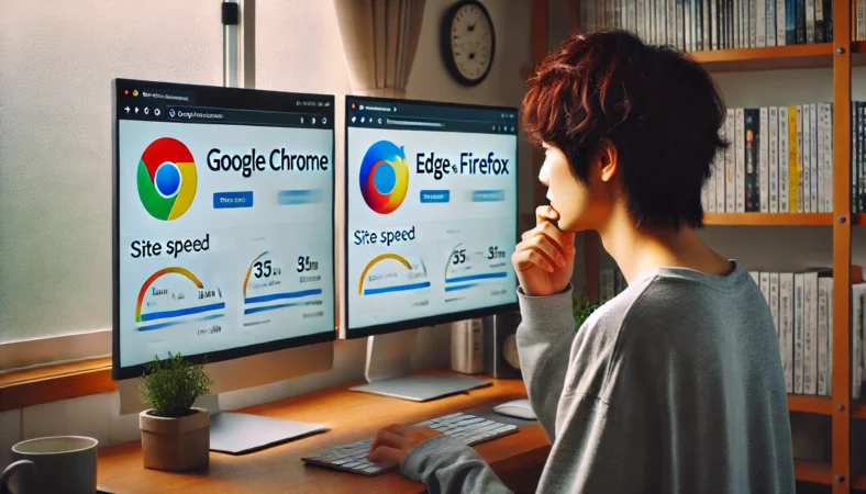 日本人ユーザーが複数のブラウザ（Chrome、Edge、Firefox）でサイトの表示速度を比較しているホームオフィスの様子。
