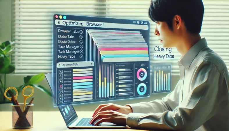 Chromeのタスク管理画面で重いタブを整理する日本人ユーザーの操作イメージ