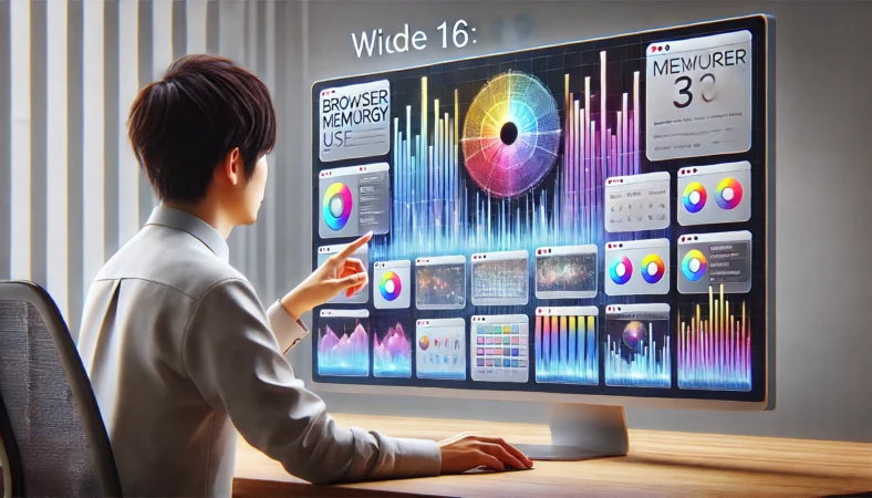 大画面モニターでブラウザのメモリ使用状況を分析する日本人ITサポート担当者。プロセスごとの負荷を可視化しているイメージ。