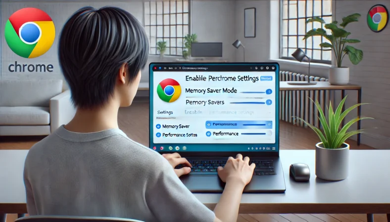 日本人ユーザーがWindowsノートPCでChromeのパフォーマンス設定画面を開き、メモリセーバーを有効化している様子。Chromeの高速化設定を視覚的に表現。