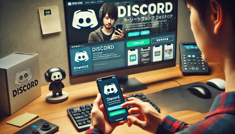 デスクトップPCにDiscordのダウンロードページが表示され、隣にはスマートフォンでDiscordアプリの画面を操作する日本人の手元が写っている。スマホとPCどちらにDiscordをインストールするかを検討している場面を表現した画像。