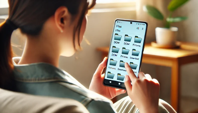 日本人がAndroidのFilesアプリを使い、DCIMやPictures、Downloadなど複数のフォルダを比較しながら写真の実際の保存場所を確認している様子。自然光の室内。