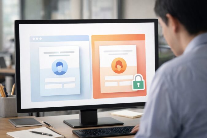 PCでのGoogleサービスログインとChrome同期ログインの違いを仕事用・私用プロファイルで示すイメージ