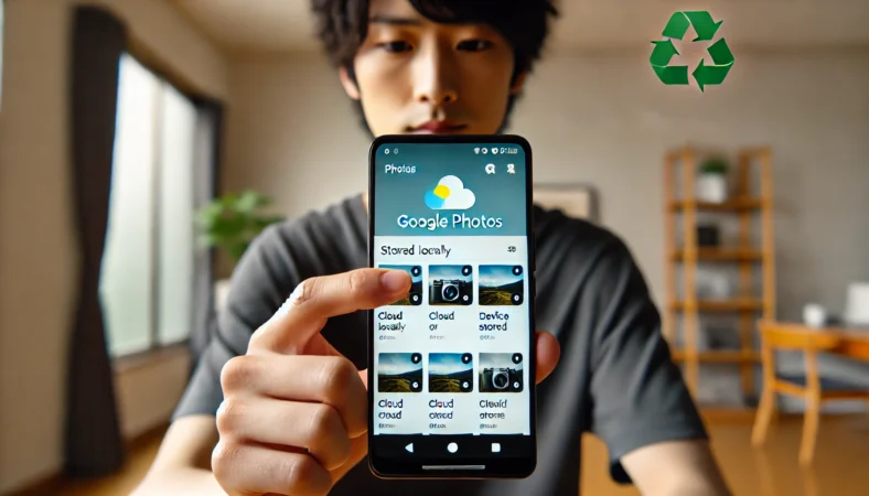 日本人がGoogleフォトアプリを使い、クラウド保存と端末保存が混在する写真のタイムラインを見ながら保存先を確認している様子。室内で少し困惑した表情。