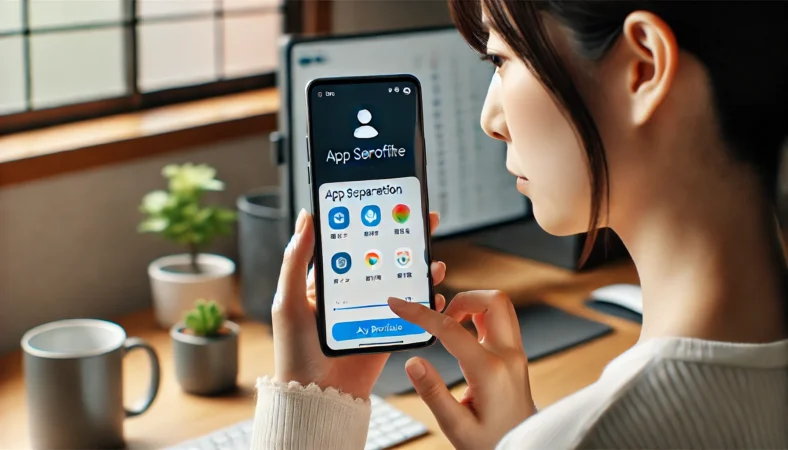 Islandアプリを使ってWork Profileを管理する日本人女性が、分離されたアプリ環境をスマートフォンで操作している様子。整った家庭用ワークスペースでの利用シーン。