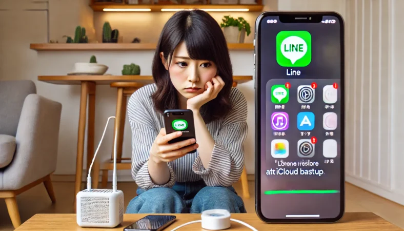 LINEアプリの復元だけが進まず、不安げにiPhone画面を見る日本人女性。他のアプリは正常に復元されており、Wi-Fiと電源は安定している家庭環境。