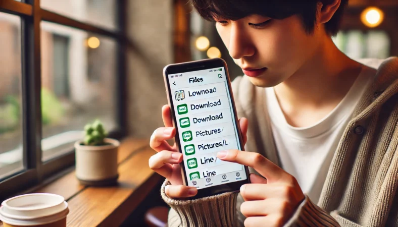 日本人がAndroidスマートフォンでLINEの写真保存先を探し、Filesアプリを使ってDownloadフォルダやPictures/LINEフォルダを確認している様子。自然光が差し込む室内で集中して操作している。