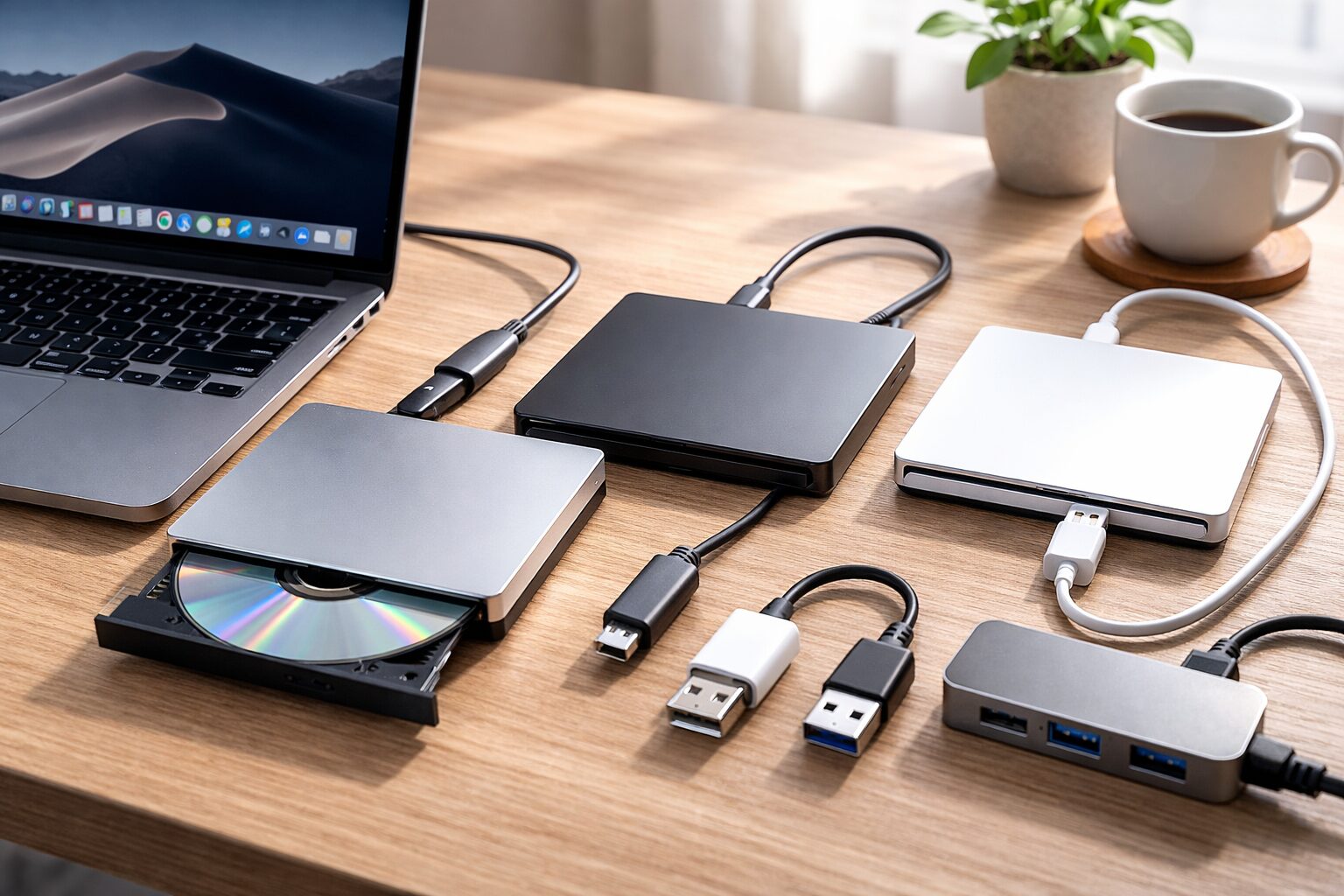 USB-C直挿しとUSB-A変換を比較しながら外付けCDドライブを選ぶための机上レイアウト