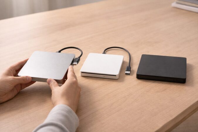 USB-C直挿し・バスパワー・持ち運び・書き込み対応の観点で外付けCDドライブを選ぶ比較イメージ