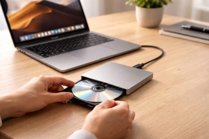 MacBookにUSB-Cで外付けCDドライブを直結して音楽CDを取り込むイメージ