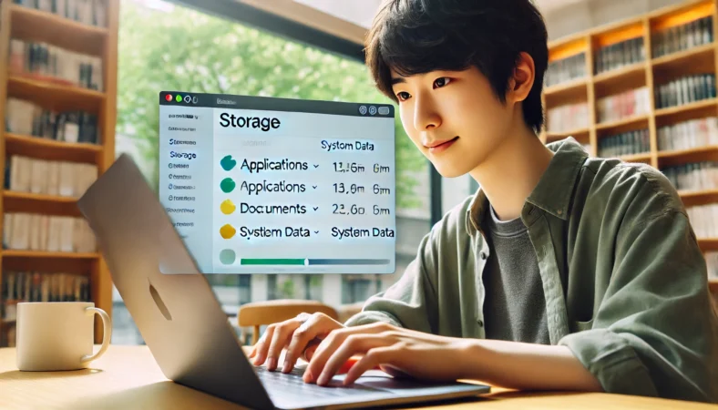 日本人のユーザーがMacBookのストレージ設定を確認し、アプリやドキュメント、システムデータの使用量を落ち着いて分析している様子。