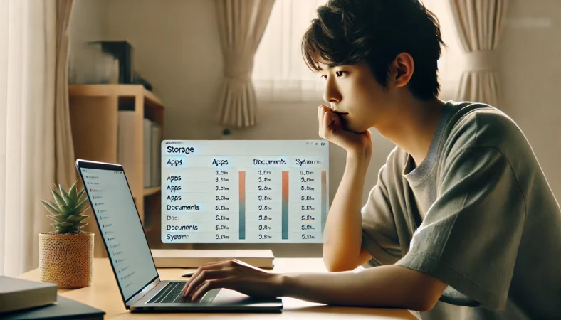 日本人のMacBookユーザーがシステムデータやアプリ、書類の使用量を落ち着いて確認しながら、ストレージの最適化に向けた対策を考えている様子。清潔感のある自宅の作業環境で作業している。