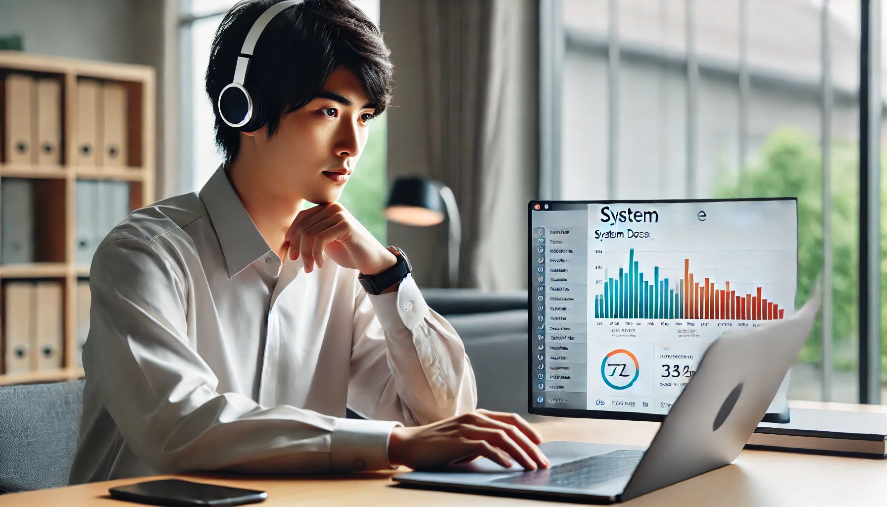 日本人のテクニカルサポート担当者がMacBookのストレージ画面を確認している様子。システムデータの容量に注目し、真剣な表情で分析している。